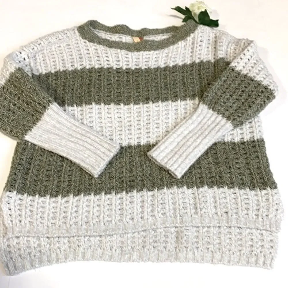 Pilcro Boxy Boat Neck Chenile Oversized Chunky  Soft Cozy Sweater Green Cream M‎